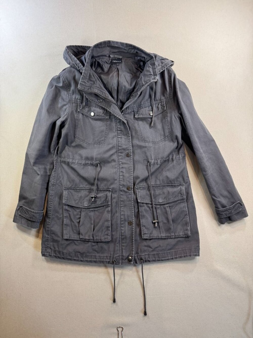HK103 - Jean Pascale Womens Hooded Utility Jacket L Gray Olive Drawstring Zip Sn